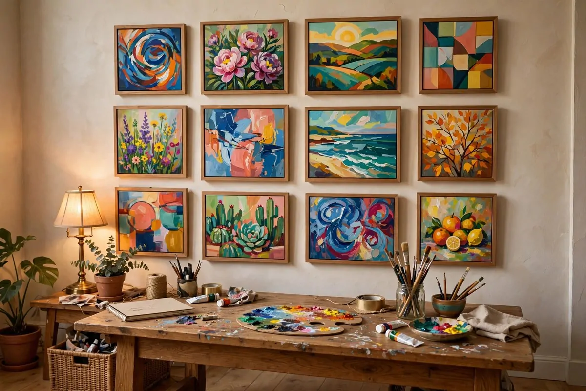 Gallery wall of framed finished artworks above an art desk in a home studio