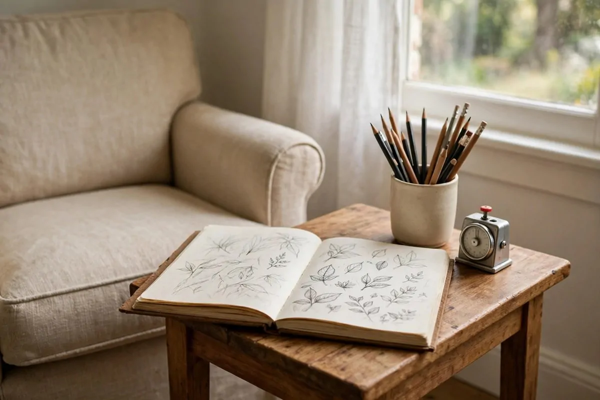 Small sketch corner with a sketchbook, pencils and a timer on a side table