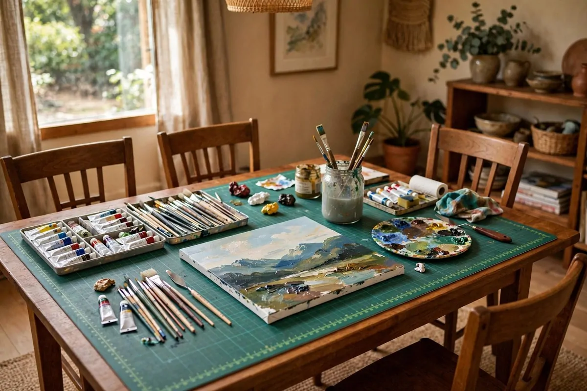 Dining table set as an art workspace with a protective mat, organized trays and good light