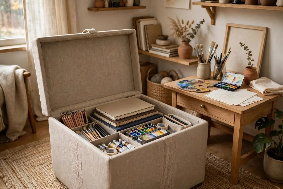 Storage ottoman doubling as art studio seating with supplies hidden inside