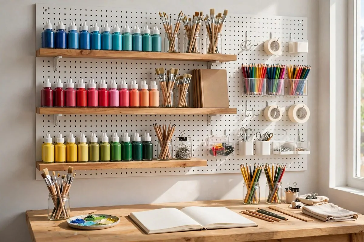 Floating wooden shelves on a studio wall neatly holding paint bottles, sketchbooks and jars