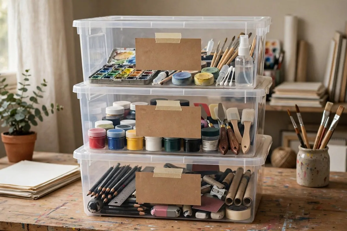 Stack of labeled storage bins in an art studio organized by medium and project