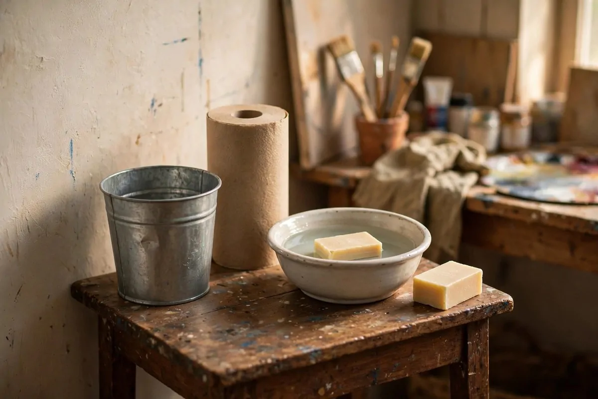 Small cleaning station in an art studio with a trash bin, paper towels and soap by a sink