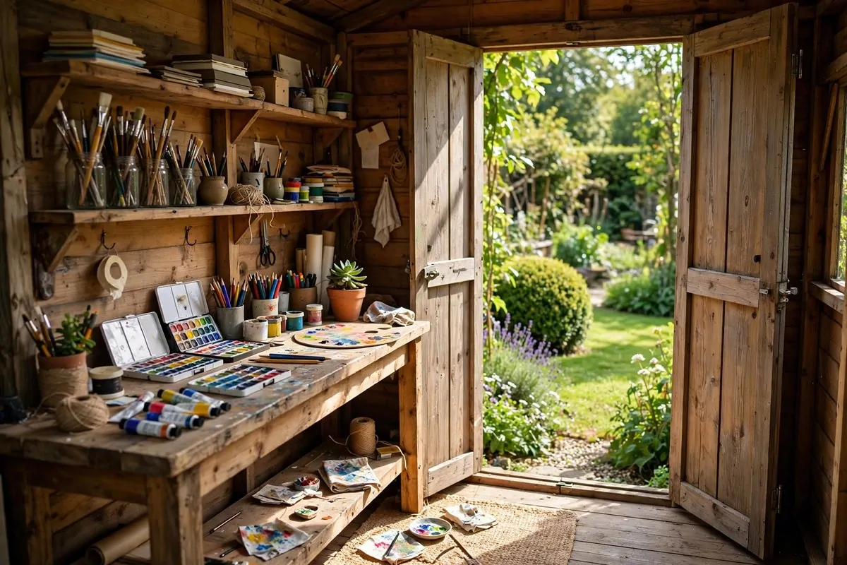 Small garden shed converted into a bright art studio with a workbench and open doors