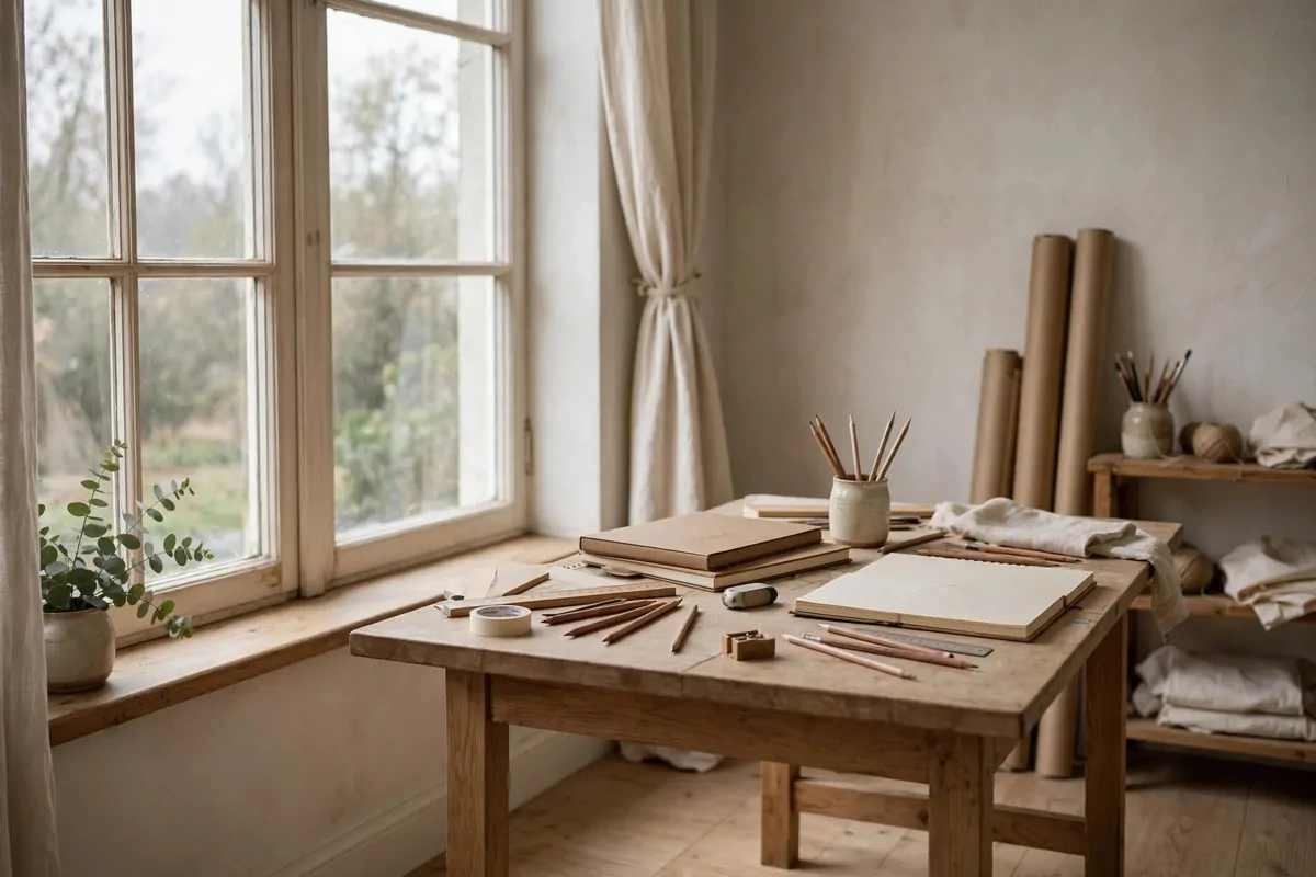 Art studio corner with a north facing window giving soft even light over a drawing table