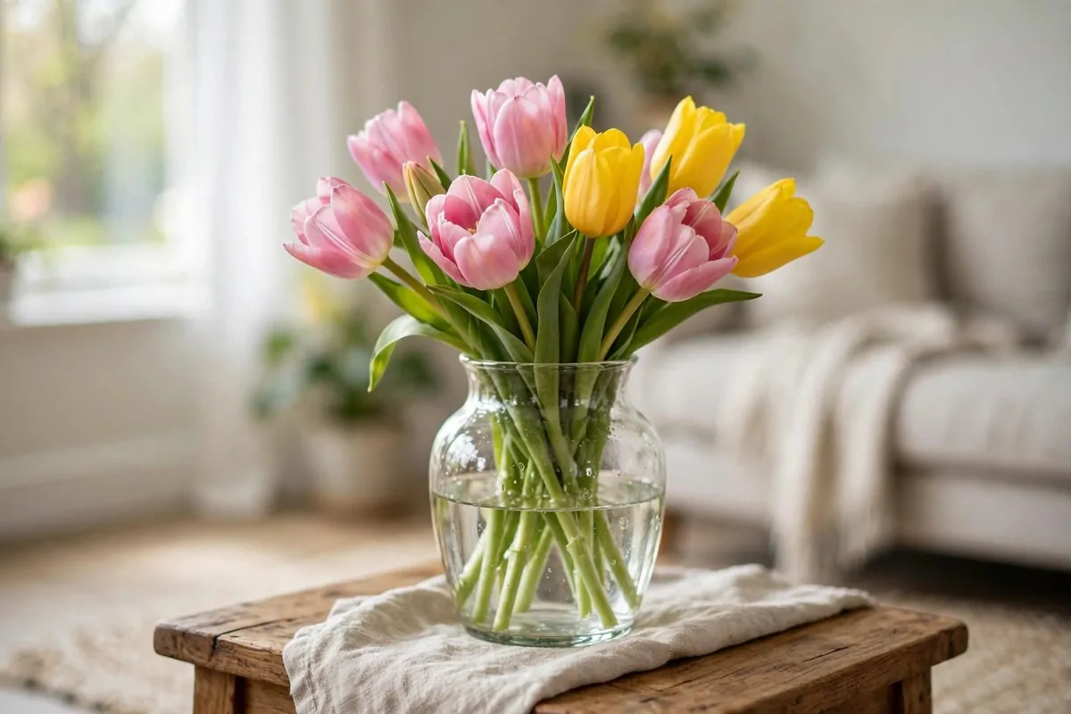28 Cozy Home Decor Ideas for Every Season 1 Glass vase of fresh tulips on a wooden side table in bright spring light