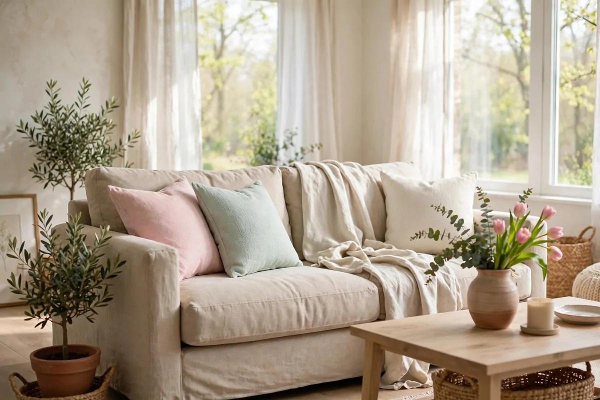 28 Cozy Home Decor Ideas for Every Season 2 Beige sofa with light linen throw and pastel pillows in soft pink, mint and cream