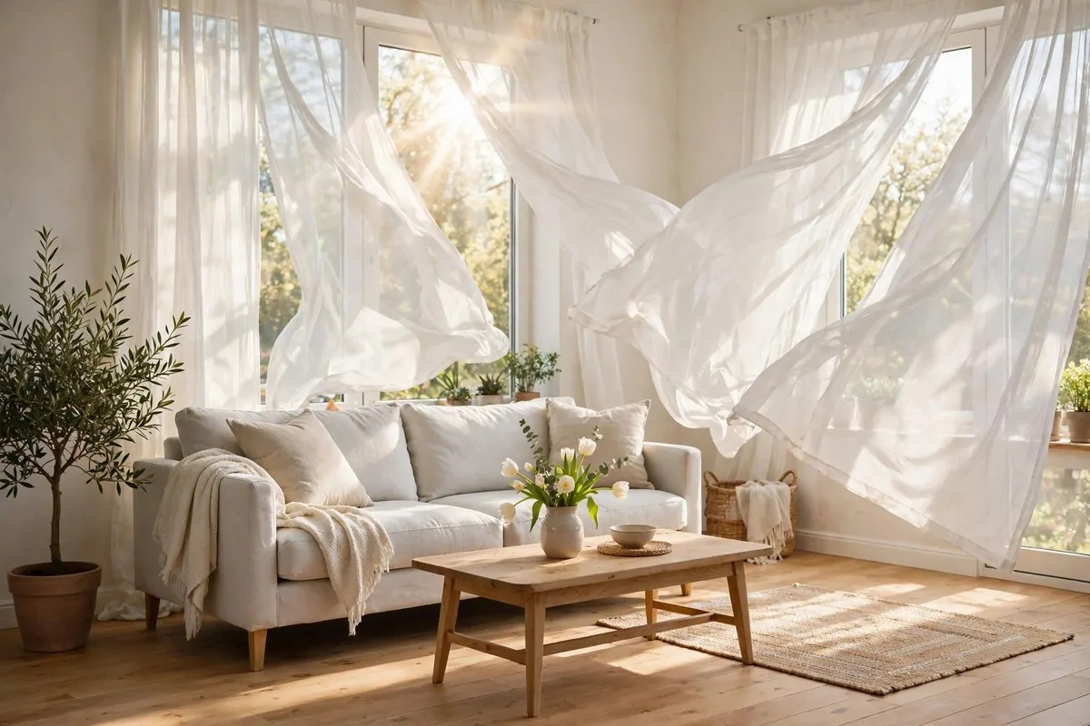 28 Cozy Home Decor Ideas for Every Season 3 Bright living room with sheer white curtains billowing in sunlight through large windows
