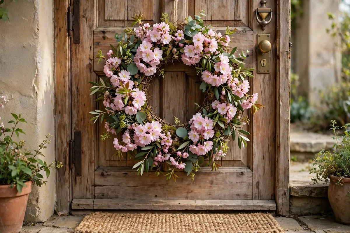 28 Cozy Home Decor Ideas for Every Season 4 Spring floral wreath with pink blossoms and green leaves on a rustic wooden front door