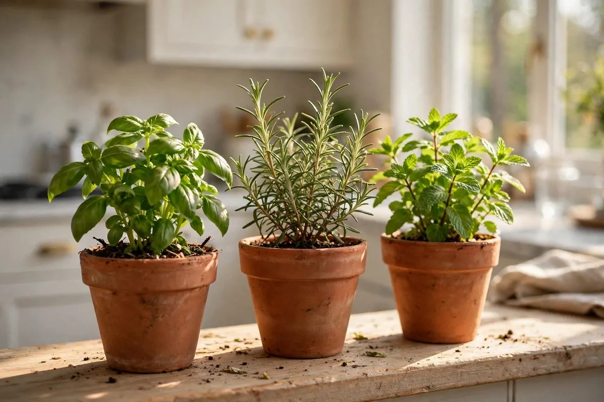28 Cozy Home Decor Ideas for Every Season 5 Small potted herbs in terracotta pots on a bright kitchen windowsill