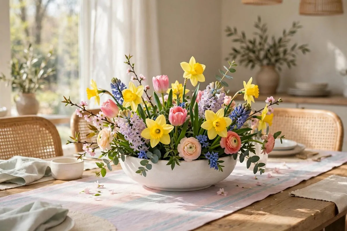 28 Cozy Home Decor Ideas for Every Season 6 Dining table centerpiece with bright spring blooms in a low white ceramic bowl
