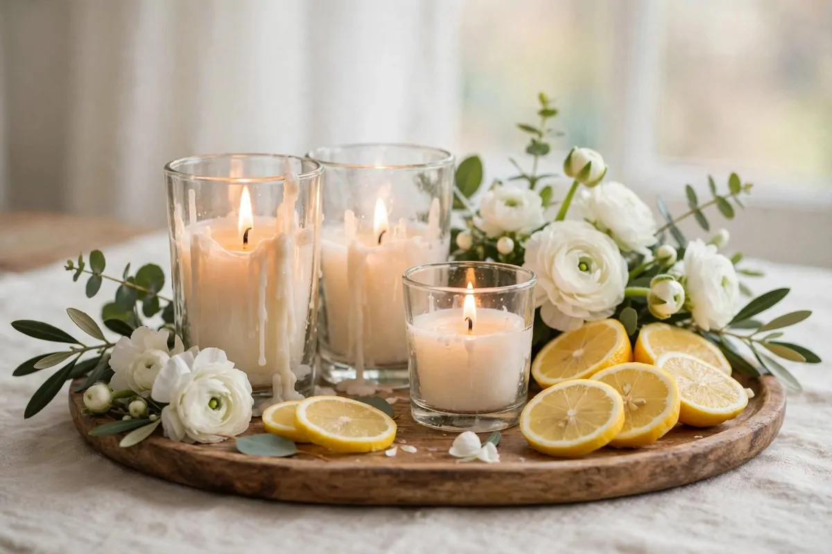 28 Cozy Home Decor Ideas for Every Season 7 Lit candles in glass holders with fresh white flowers and citrus slices on a wooden tray