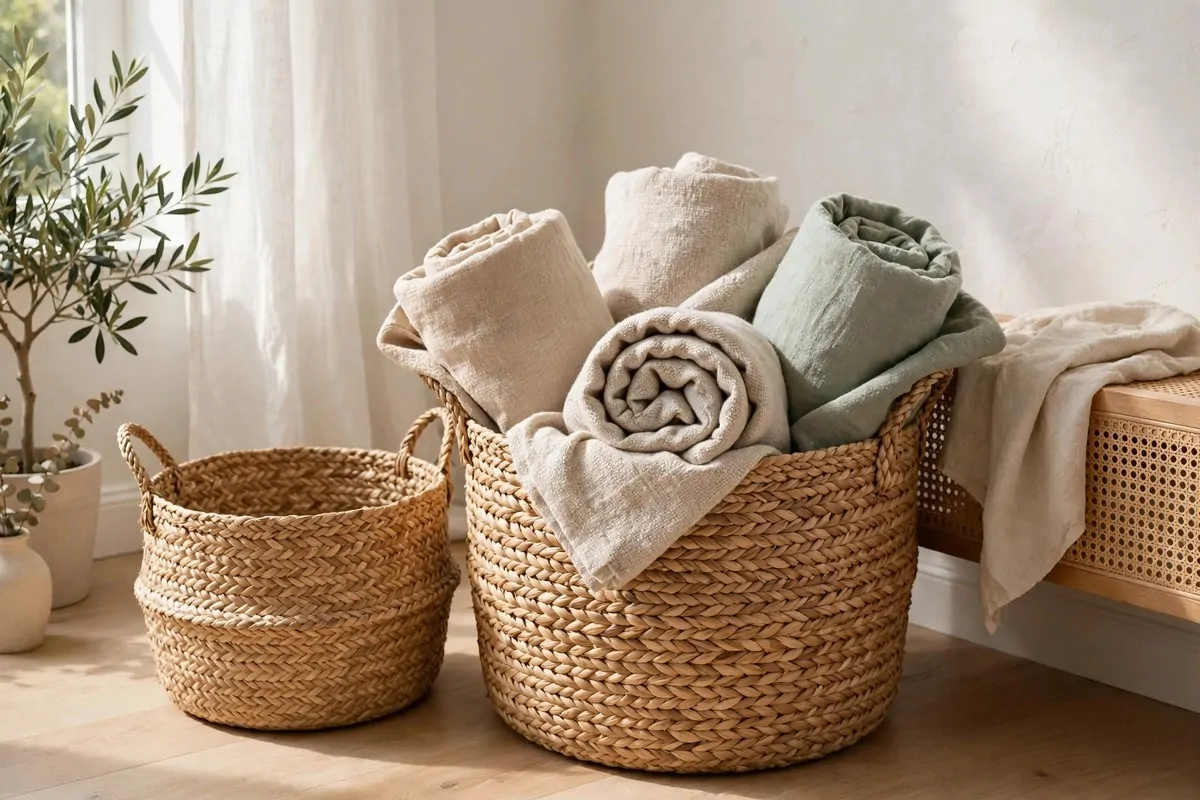 28 Cozy Home Decor Ideas for Every Season 8 Woven seagrass storage baskets in a bright living room corner, one holding rolled throw blankets