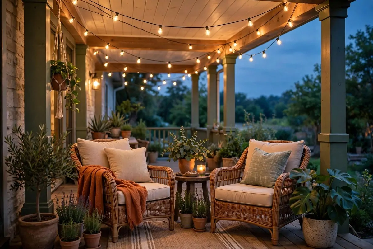 28 Cozy Home Decor Ideas for Every Season 9 Porch at dusk with warm string lights glowing above cozy outdoor chairs