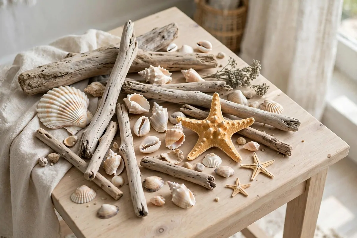 28 Cozy Home Decor Ideas for Every Season 10 Arrangement of seashells and driftwood pieces on a light wooden side table