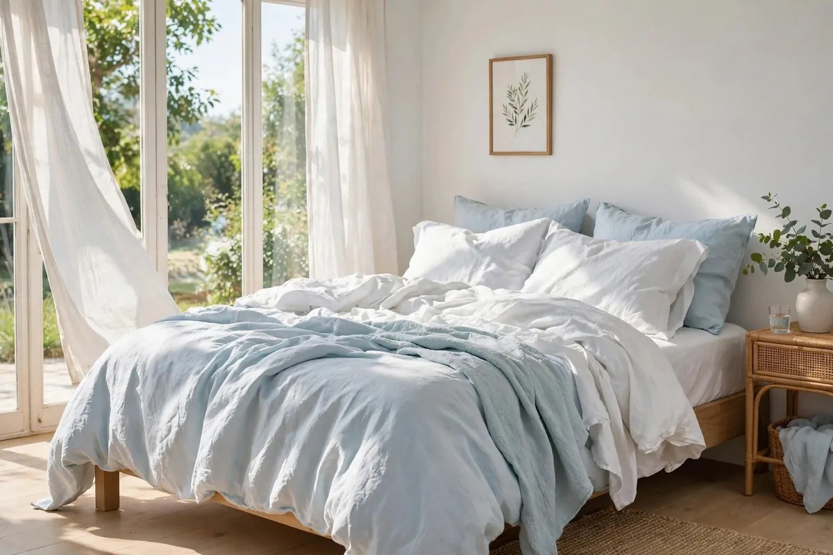28 Cozy Home Decor Ideas for Every Season 11 Bed with light cotton bedding in cool white and pale blue, bright summer bedroom