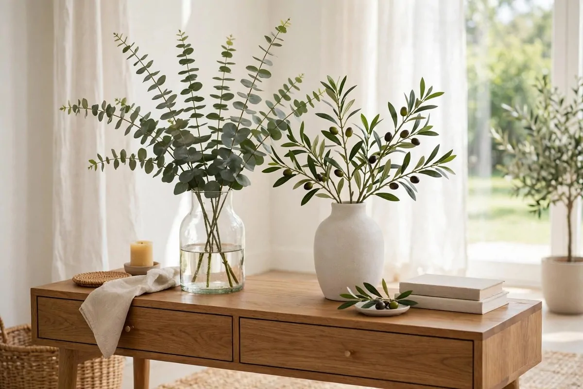 28 Cozy Home Decor Ideas for Every Season 12 Eucalyptus and olive branches in simple vases on a wooden console table