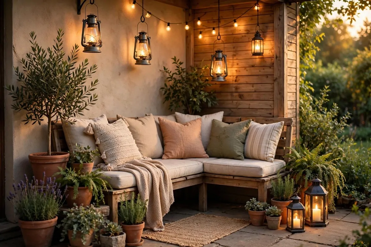 28 Cozy Home Decor Ideas for Every Season 13 Cozy outdoor patio corner at golden hour with glowing lanterns and cushioned bench