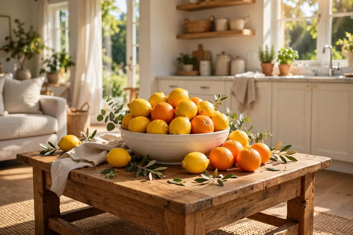 28 Cozy Home Decor Ideas for Every Season 14 Wooden bowl of fresh lemons and oranges on a bright kitchen table in summer light