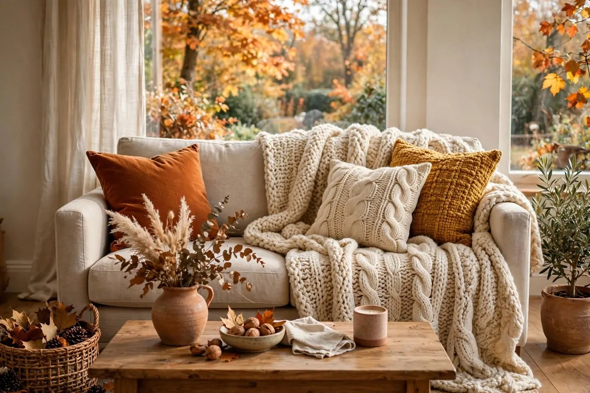 28 Cozy Home Decor Ideas for Every Season 15 Beige sofa draped with thick chunky knit blanket in cream with rust and mustard pillows
