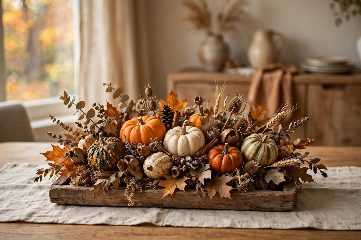 28 Cozy Home Decor Ideas for Every Season 16 Dining table centerpiece with small pumpkins, gourds and dried leaves on a wooden tray