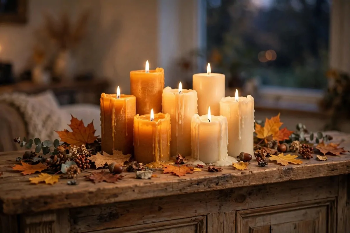 28 Cozy Home Decor Ideas for Every Season 17 Cluster of lit pillar candles in amber and cream on a wooden mantel with autumn leaves