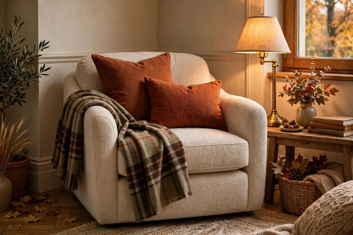28 Cozy Home Decor Ideas for Every Season 18 Armchair with plaid throw and rust-colored pillows in warm lamplight