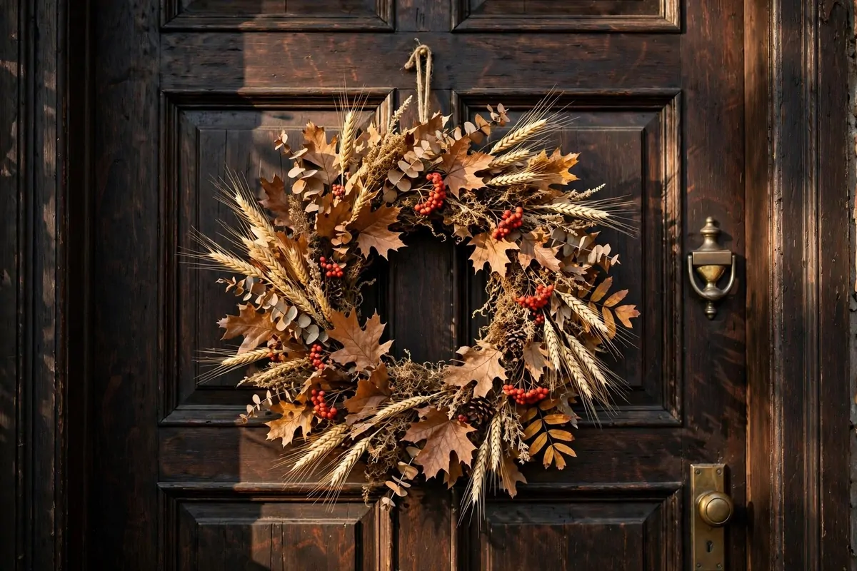 28 Cozy Home Decor Ideas for Every Season 19 Autumn wreath of dried leaves, wheat and berries on a dark wooden front door