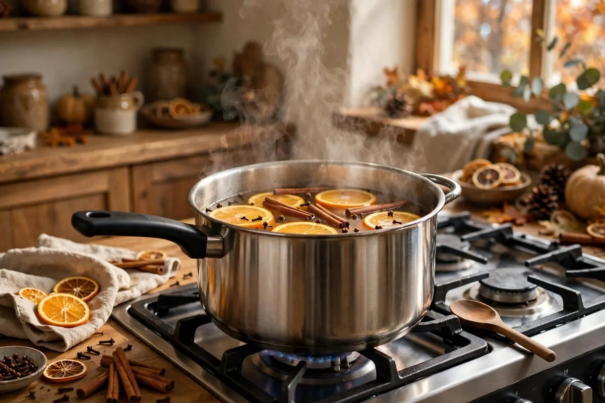 28 Cozy Home Decor Ideas for Every Season 20 Stovetop pot simmering with orange slices, cinnamon sticks and cloves, steam rising