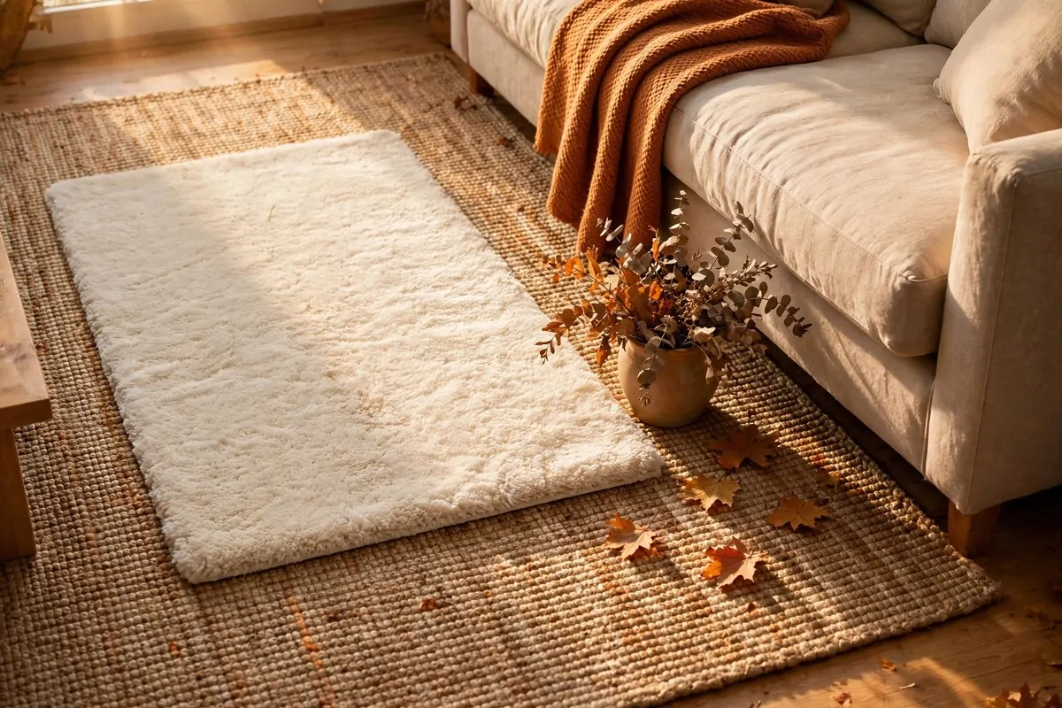 28 Cozy Home Decor Ideas for Every Season 21 Living room floor with layered rugs, large jute rug under smaller plush cream rug by sofa