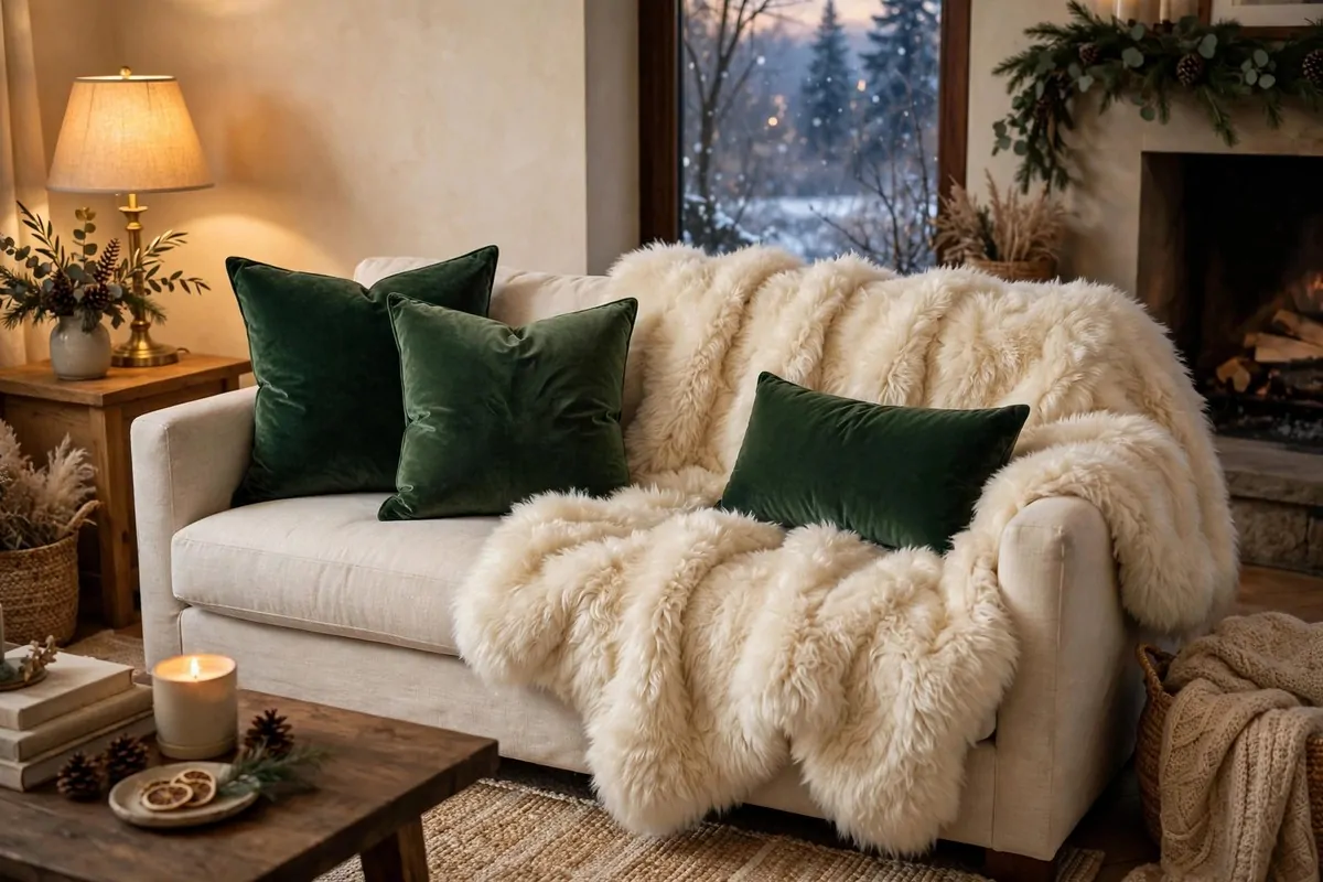28 Cozy Home Decor Ideas for Every Season 22 Sofa with luxurious faux fur throw and deep green velvet pillows in warm lamplight