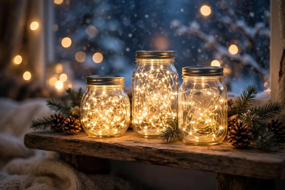 28 Cozy Home Decor Ideas for Every Season 23 Glass jars filled with warm glowing fairy lights on a wooden shelf at night