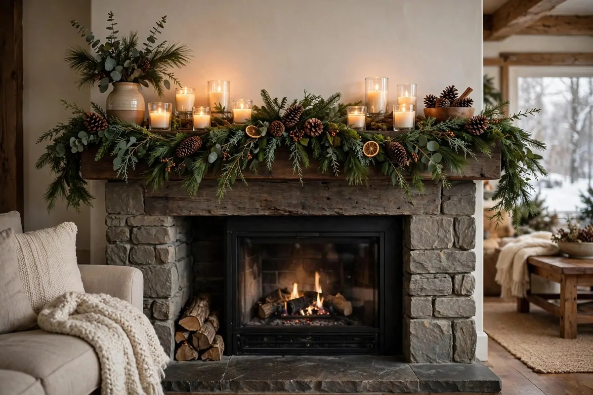 28 Cozy Home Decor Ideas for Every Season 24 Fireplace mantel decorated with evergreen garland, pinecones and glowing candles