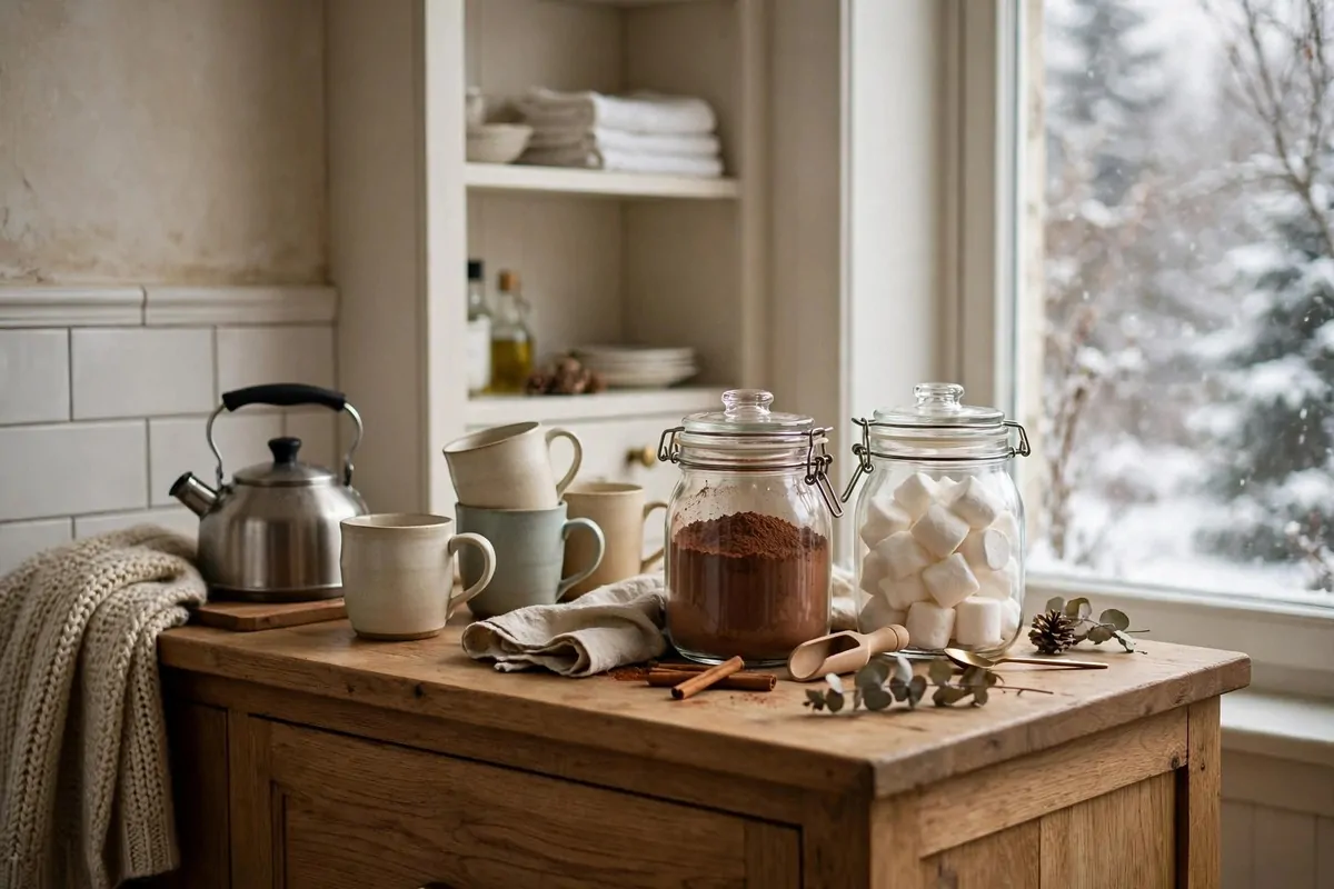 28 Cozy Home Decor Ideas for Every Season 25 Hot drink station on wooden sideboard with ceramic mugs, jars of cocoa and small kettle
