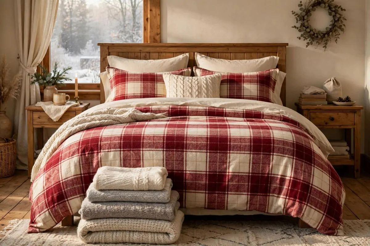 28 Cozy Home Decor Ideas for Every Season 26 Bed with red and cream flannel bedding and extra folded blankets at the foot