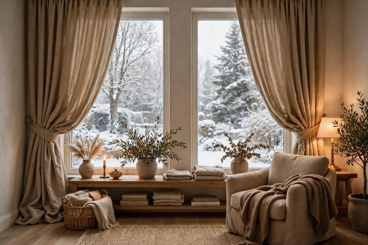 28 Cozy Home Decor Ideas for Every Season 27 Living room windows with thick heavy curtains in warm beige, cozy winter interior