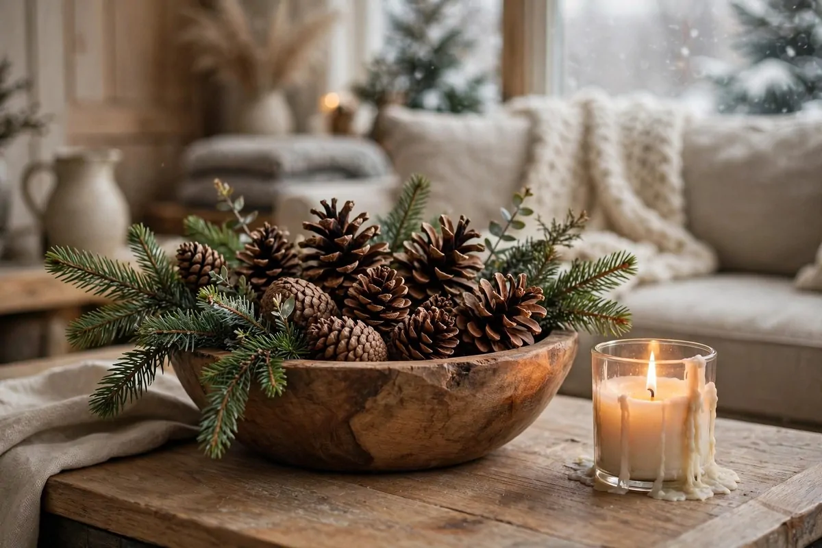 28 Cozy Home Decor Ideas for Every Season 28 Wooden bowl filled with pinecones and fresh evergreen sprigs on a coffee table