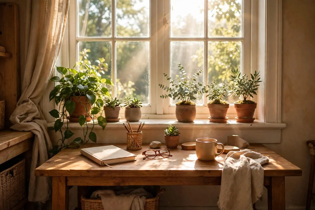 28 Cozy Home Office Ideas You'll Never Want to Leave 1 Wooden desk under a bright window with plants and warm daylight in a cozy home office