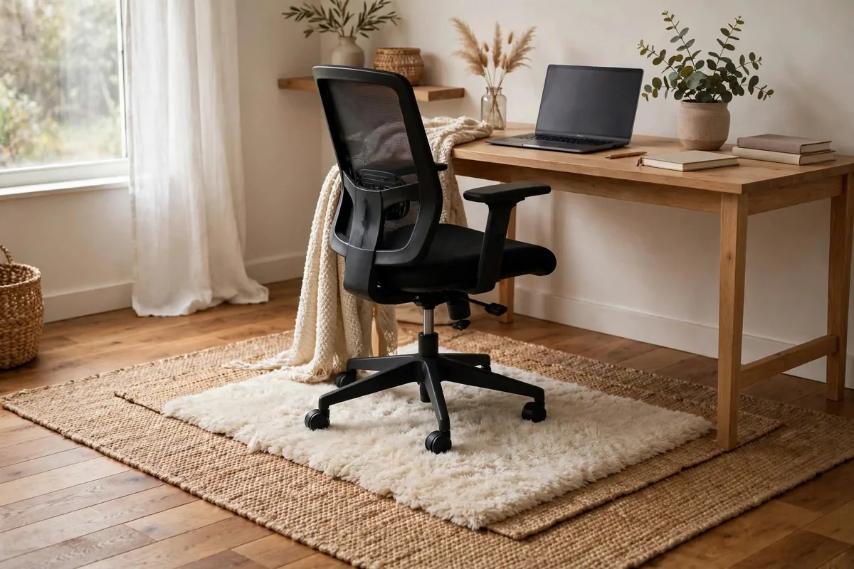 28 Cozy Home Office Ideas You'll Never Want to Leave 2 Layered soft rugs under a home office chair with warm wood floor and cozy textures
