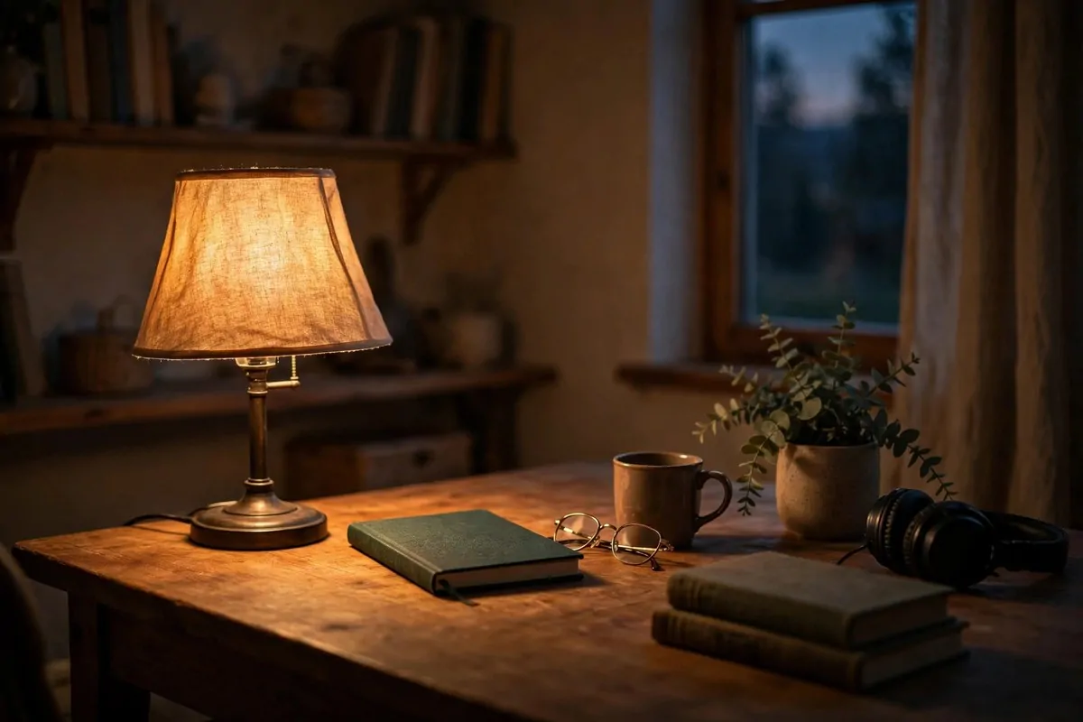 28 Cozy Home Office Ideas You'll Never Want to Leave 3 Warm glowing desk lamp on a wooden desk in a cozy home office at dusk