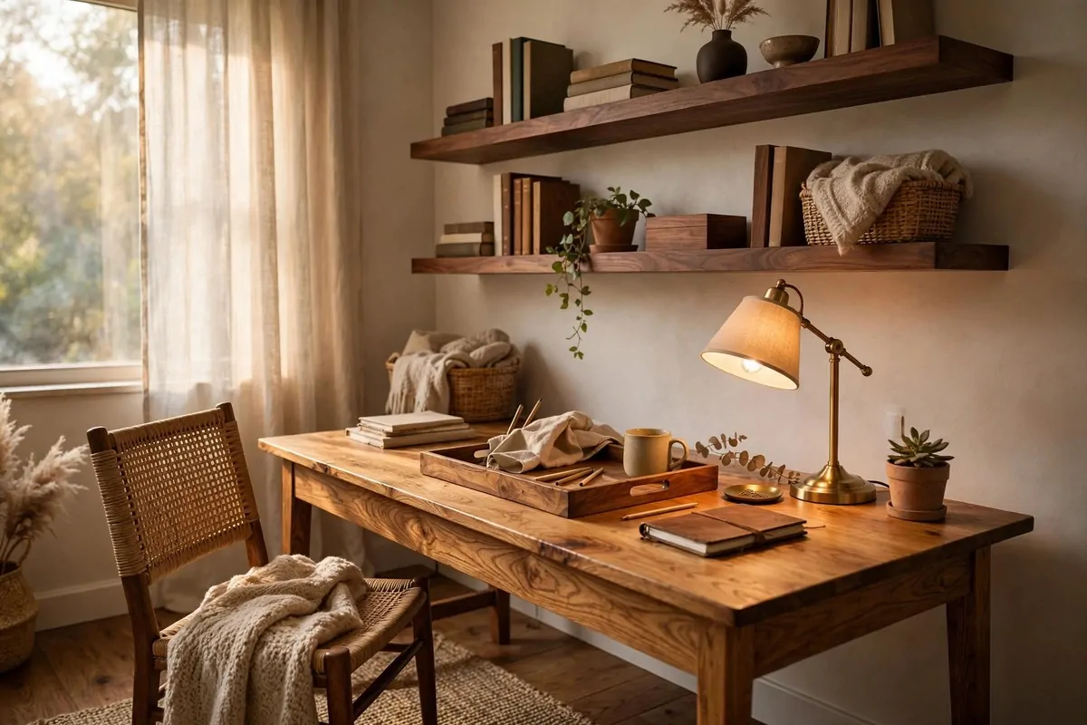 28 Cozy Home Office Ideas You'll Never Want to Leave 4 Warm wooden desk and shelves with natural wood grain in a cozy home office