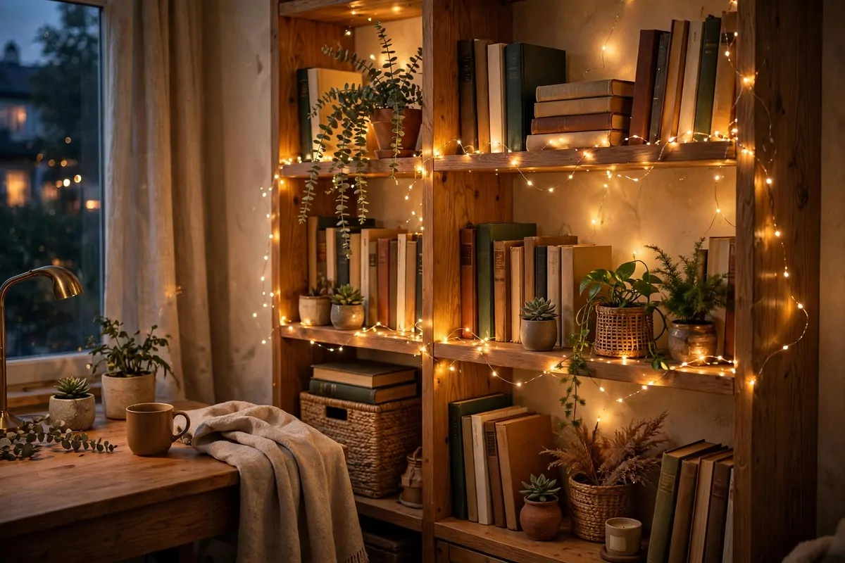 28 Cozy Home Office Ideas You'll Never Want to Leave 5 Twinkling fairy lights draped along a wooden shelf with books and small plants in a home office