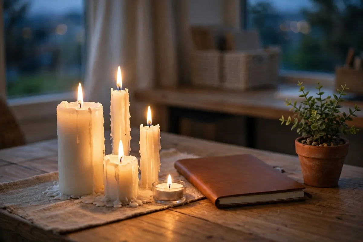 28 Cozy Home Office Ideas You'll Never Want to Leave 6 Lit candles of different heights on a home office desk with warm flickering glow
