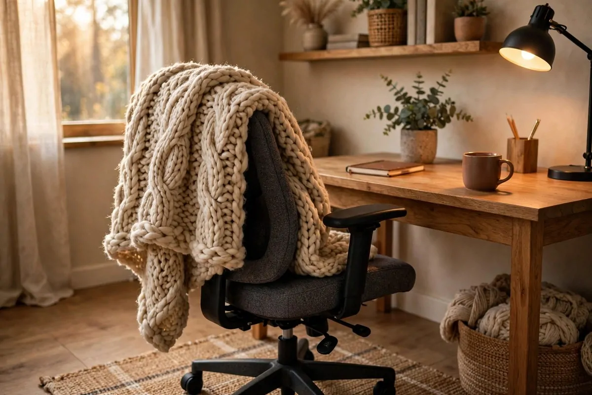 28 Cozy Home Office Ideas You'll Never Want to Leave 7 Soft knitted throw blanket draped over an office chair in a cozy warm home office