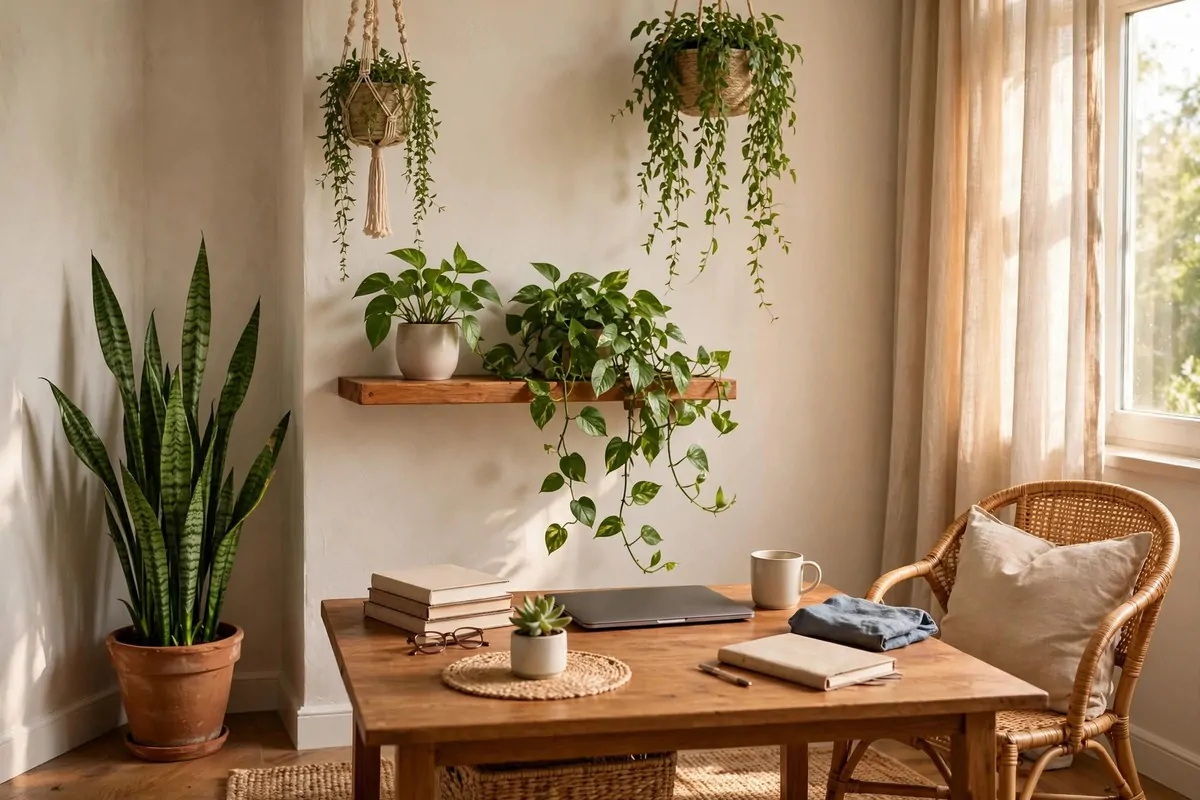 28 Cozy Home Office Ideas You'll Never Want to Leave 8 Lush green plants at different heights, hanging, shelf, and desk, in a cozy home office