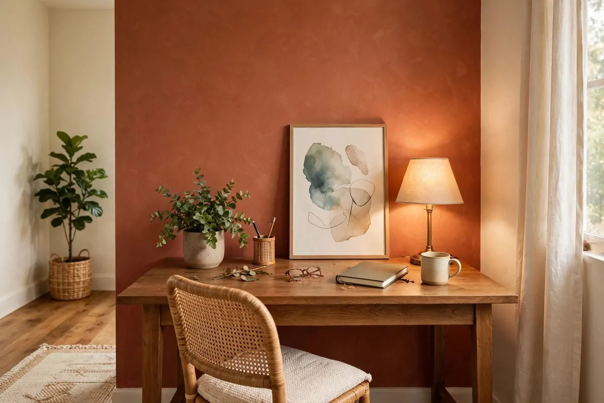28 Cozy Home Office Ideas You'll Never Want to Leave 9 Home office with one warm terracotta accent wall behind a wooden desk