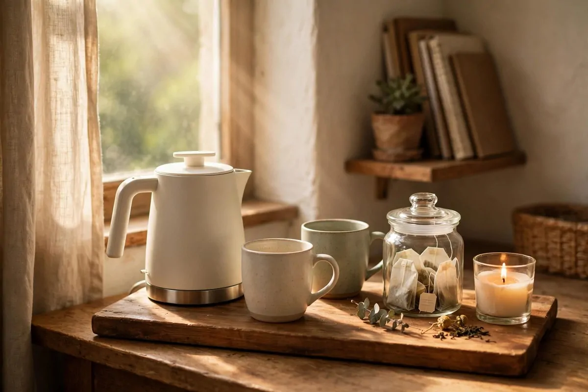 28 Cozy Home Office Ideas You'll Never Want to Leave 10 Small tea station with a kettle, mugs, and jars on a wooden tray in a cozy home office