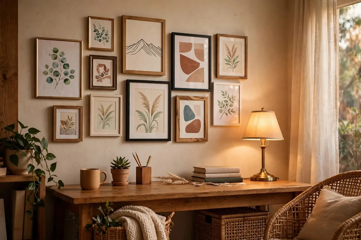 28 Cozy Home Office Ideas You'll Never Want to Leave 11 Gallery wall of cheerful framed art prints above a desk in a cozy home office