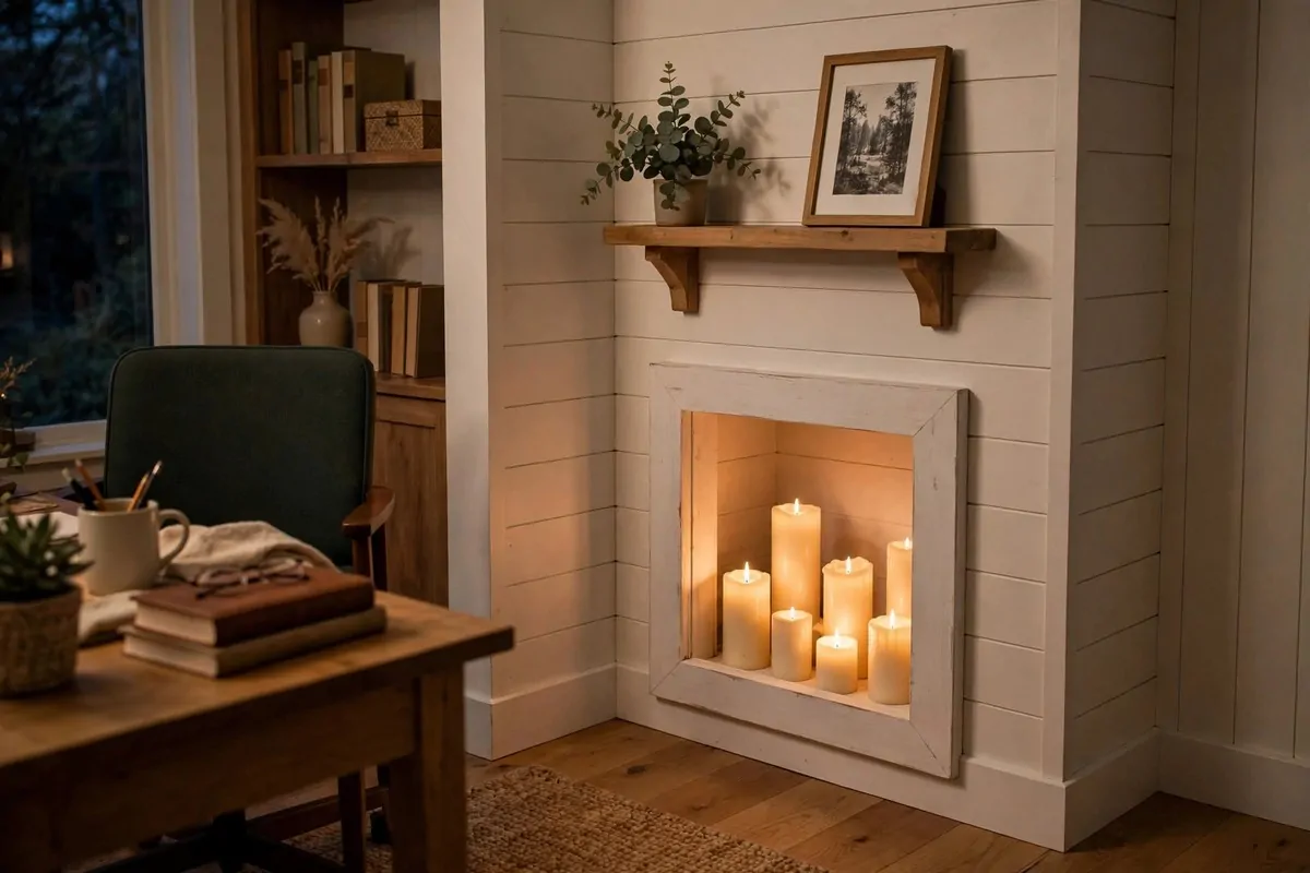 28 Cozy Home Office Ideas You'll Never Want to Leave 12 Faux fireplace with glowing candles inside it in a cozy home office corner