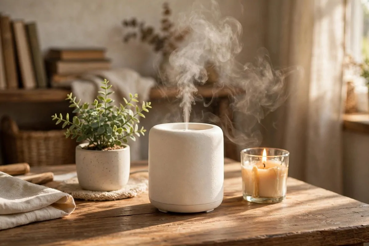 28 Cozy Home Office Ideas You'll Never Want to Leave 13 Essential oil diffuser with soft mist on a desk in a warm cozy home office